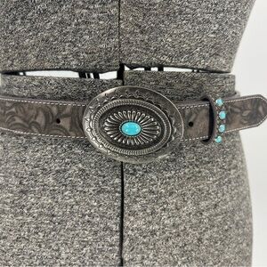 Angel Ranch Brown leather Distressed embossed Floral Turquoise Studs Belt